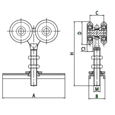 Zilver Vier Hangende de Deurrollen 44mm van de Rollendia met smeedt Centrumplaat