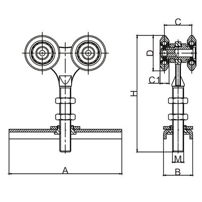 300kg 55mm hangende schuifdeurwielen 4 nylon rol met horizontale het bevestigen plaat