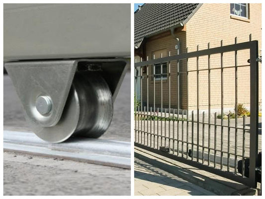 Het vouwen van Glijdende Poort rijdt het Op zwaar werk berekende Rolling Spoor die van Poortwielen Gouden Zilverachtige Zwarte dragen